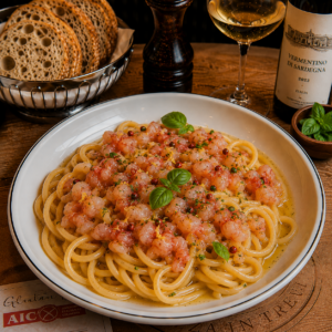 Pasta con tartare di gambero rosso di Mazzara del Vallo