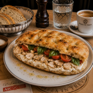 Focaccina ripiena con pollo CBT, crema di formaggio pomodoro e basilico