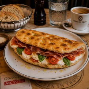 Focaccina ripiena con mozzarella, pomodoro, basilico e prosciutto crudo o bresaola