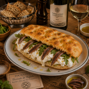 Focaccina ripiena con burrata di bufala, rucola e alici di mar Cantabrico