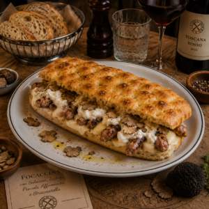 Focaccina ripiena con provola affumicata, salsiccia, tartufo** di stagione e stracciatella