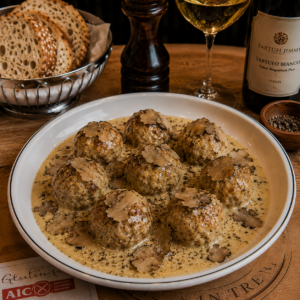 Polpette Burro, salsa tartufata e tartufo fresco di stagione